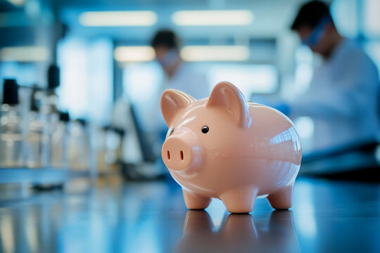 Pink Piggy Bank on Table in Modern Laboratory with Scientists Working in Background