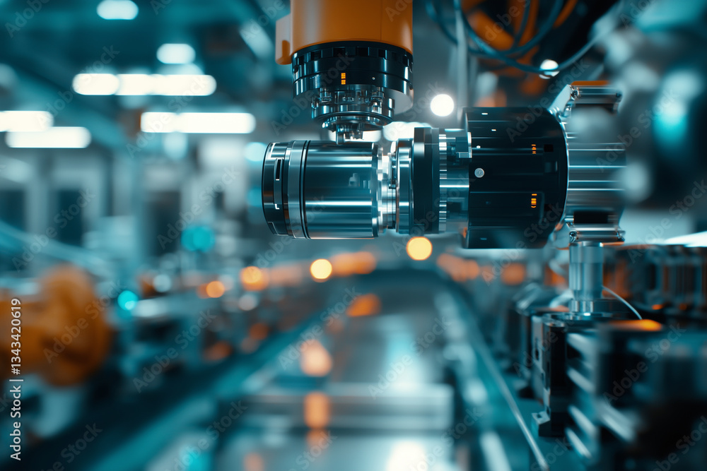 Poster robotic arm operates seamlessly in modern factory, showcasing advanced technology and precision engineering. environment is industrial, with focus on automation and efficiency
