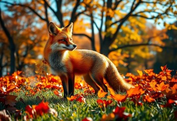Naklejka premium A Majestic Red Fox Amidst a Vibrant Autumnal Landscape, Basking in the Golden Sunlight, Surrounded by a Carpet of Fallen Leaves