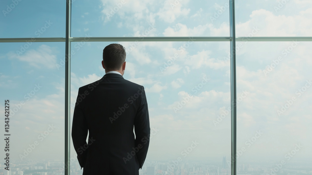Aufkleber man in suit stands confidently looking out large window at cityscape under cloudy sky, conveying sen