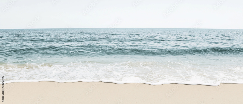 Poster serene ocean scene with gentle waves softly lapping against sandy beach under clear sky, evoking sen