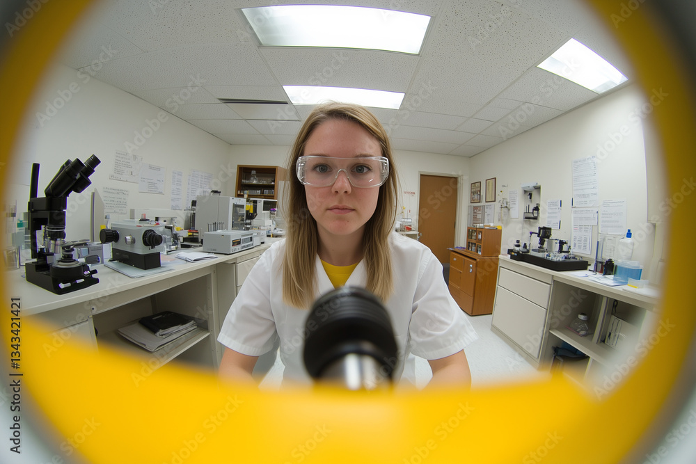 Poster woman in laboratory setting is using microscope, wearing safety goggles and lab coat, surrounded by 