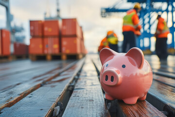 Piggy Bank on Dockside with Shipping Containers and Workers in Background at Busy Port