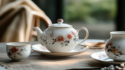 Fototapeta premium A delicate porcelain tea set, adorned with intricate floral patterns and hand-painted gold details, stood gracefully on the table, inviting the senses to savor the aroma of freshly brewed tea.