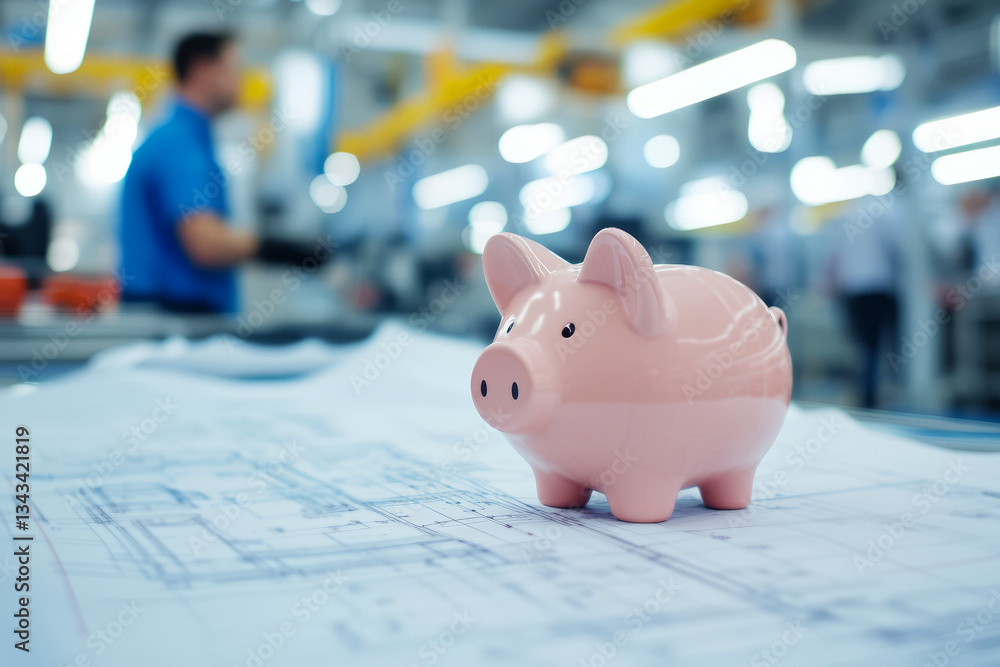 Poster piggy bank on blueprint in industrial workshop with workers in background