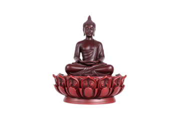 Buddha Statue on Lotus, A deep red Buddha statue sits in peaceful meditation atop a stylized lotus base, exuding tranquility, spiritual wisdom, isolated on a transparent background