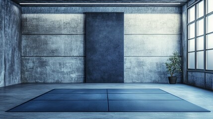 Minimalist Martial Arts Studio Interior with Concrete Walls and Tatami Mat