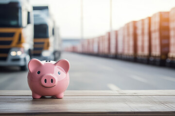 Cute Pink Piggy Bank on Wooden Table in Front of Trucks and Shipping Containers in a Freight Yard