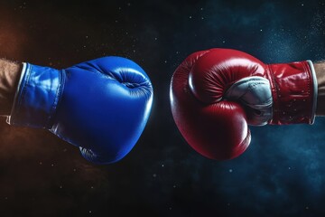 Intense Boxing Match Concept with Blue and Red Gloves Opposing Each Other in a Dramatic Style