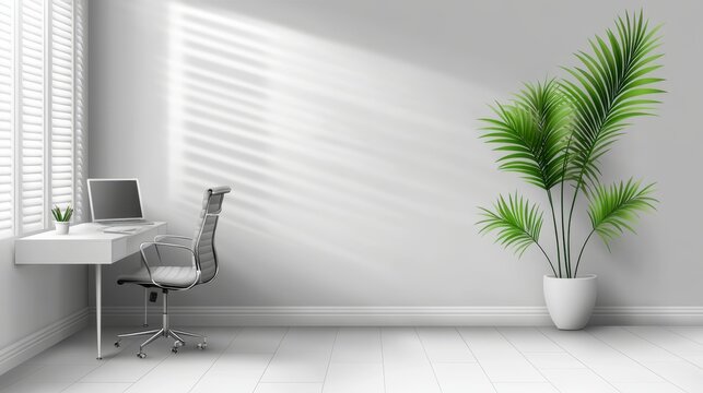 Modern minimalist office space with desk, laptop, chair and houseplant, creating calm atmosphere