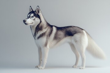 Fototapeta premium A majestic Siberian Husky, a symbol of arctic wilderness and loyalty, stands proudly against a soft, neutral background.