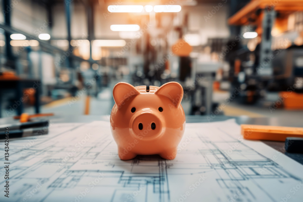Poster pink piggy bank on blueprints in workshop setting for financial planning or saving concepts