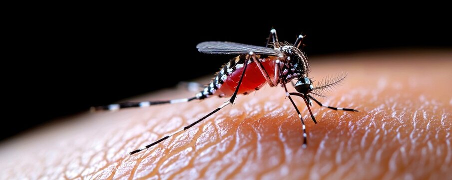 Mosquito Engorged With Blood on Human Skin Close Up Aedes Aegypti Dangerous Insect Bite