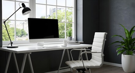 Minimalistic office: modern design, workplace, natural light, style and comfort