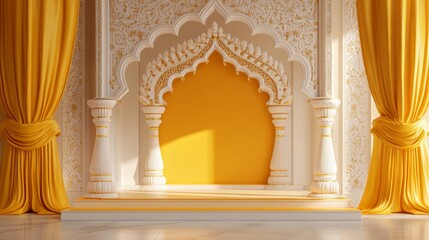 Ornate architectural backdrop with golden yellow curtains for cultural events