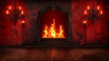 Fototapeta premium Ornate hall with crackling fire in a framed mirror and candle chandeliers glow