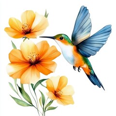 Obraz premium Hummingbird Near Yellow Flowers in Watercolor on White Background