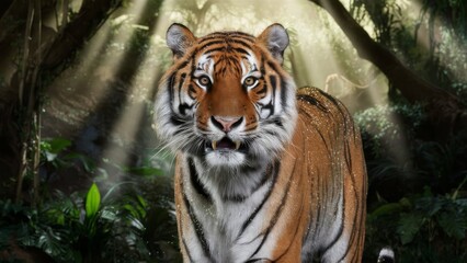 Obraz premium Majestic Glitter Tiger Stalking Through Sunlit Jungle