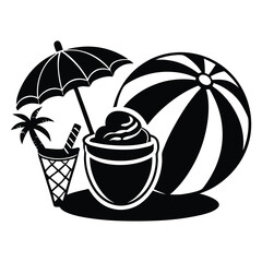Coconut cocktail with balloon beach, beach ball icon vector design template