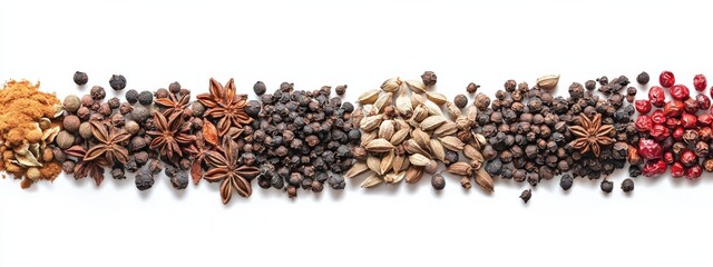 Row of various aromatic spices, concept of spices full of flavors and spices, isolated on white background.