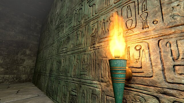 Illuminated Hieroglyphs Teal Torch on Ancient Green Stone Wall