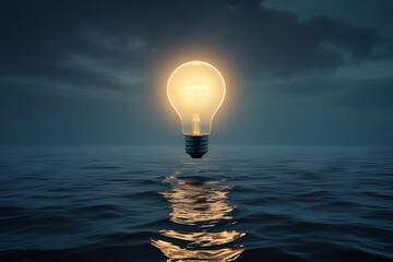 Creative concept, a single glowing lightbulb floating above the deep ocean, casting soft light on the water, mysterious and serene atmosphere.