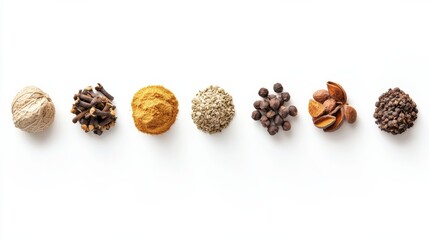 Row of various aromatic spices, concept of spices full of flavors and spices, isolated on white background.
