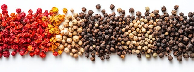 Row of various aromatic spices, concept of spices full of flavors and spices, isolated on white background.