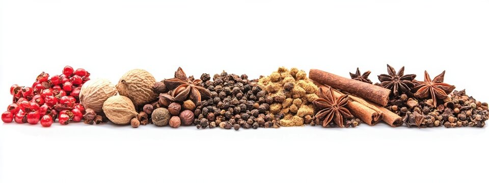 Row of various aromatic spices, concept of spices full of flavors and spices, isolated on white background.