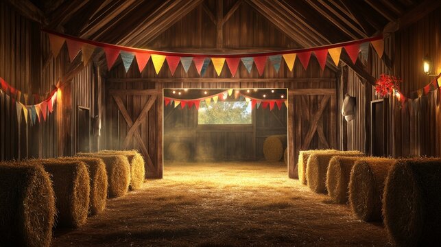 Rustic barn celebration with hay bales and festive pennant banner decorations