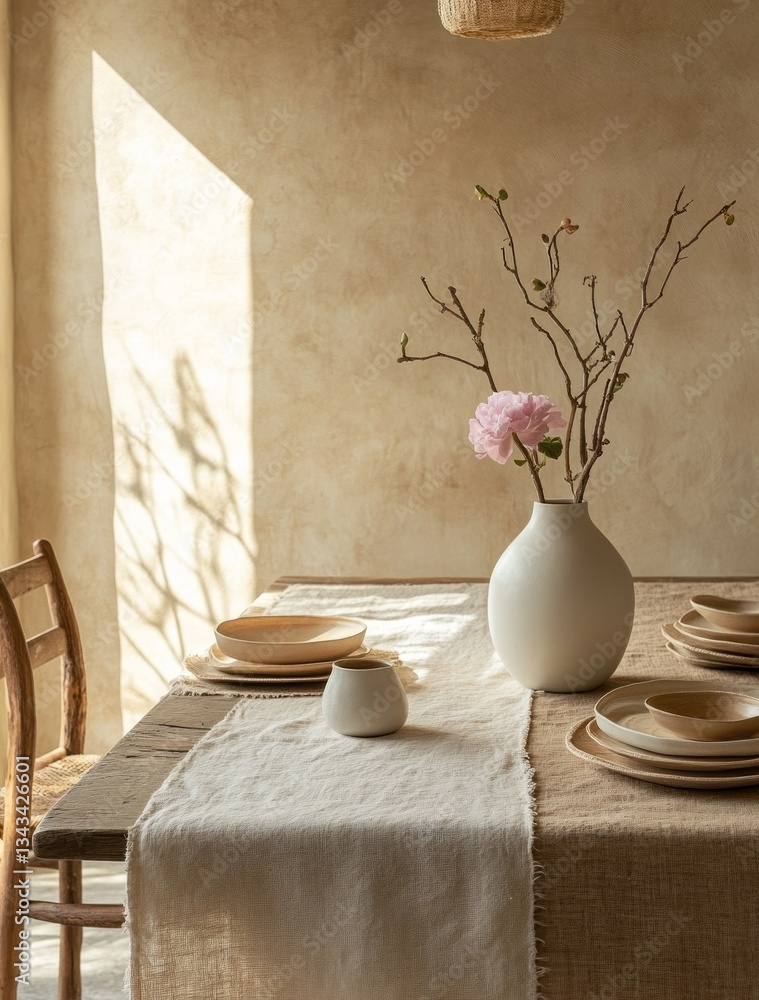Poster a harmonious setting features a rustic wooden table layered with a soft linen runner. a graceful vas
