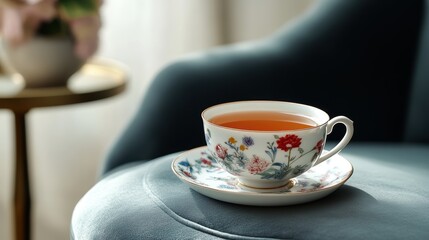 Fototapeta premium A delicate array of porcelain, intricately painted with traditional floral motifs, nestled on a velvet cushion, ready to welcome the aroma of fragrant black tea.