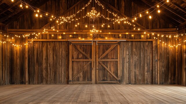 Rustic barn interior decorated with string lights and a chandelier enhancing ambiance