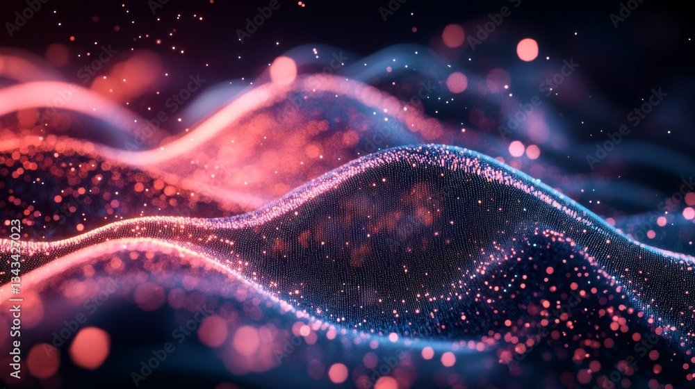 Poster abstract digital landscape with particles and wave patterns of light