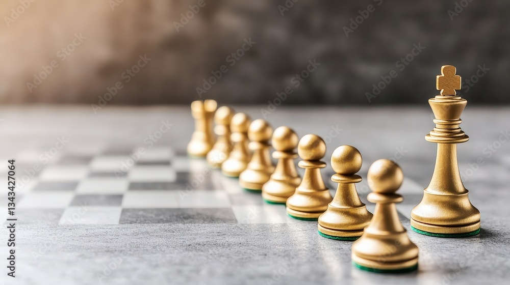 Poster create opportunities strategy goal-setting concept. golden chess pieces lined up on a board in soft 