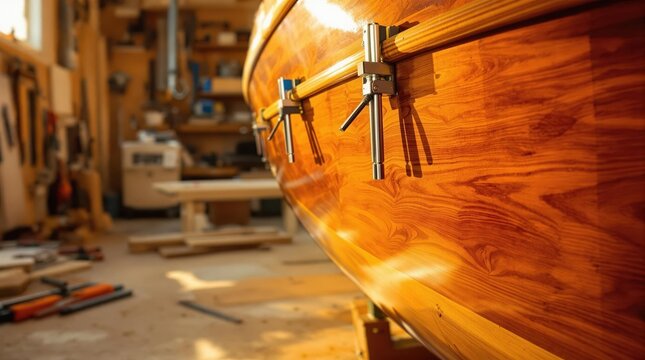 Wooden boat building hull with fresh varnish glowing amber-gold in afternoon light, cedar planking with visible grain patterns, metal clamps securing curved planks in workshop