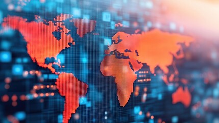Obraz premium ERP software and inventory, A digital representation of a world map, featuring vibrant colors and a technological theme, highlighting global connectivity and data visualization.