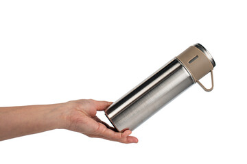 Bottle tumbler aluminium water glass and hand isolated transparent background.