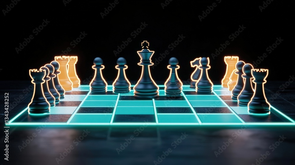Poster create opportunities strategy goal-setting concept. illuminated chessboard with pieces ready for a g