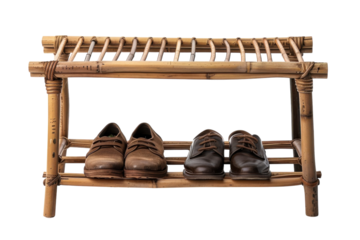 Stylish brown leather shoes arranged neatly on a bamboo shoe rack in a modern home setting