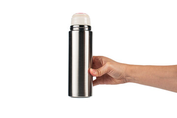 Bottle tumbler aluminium water glass and hand isolated transparent background.