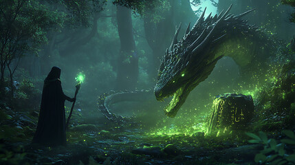 Mystical forest with a majestic dragon at night.