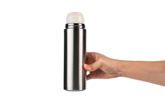Bottle tumbler aluminium water glass and hand isolated transparent background.