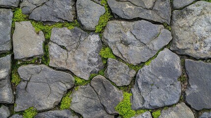 Obraz premium Close up view of a rock wall with green moss between the stones