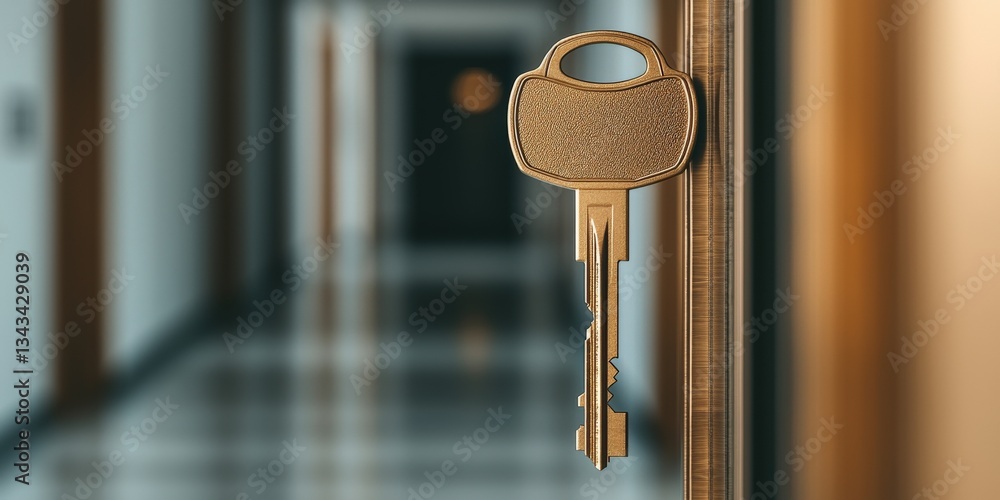 Poster create opportunities strategy goal-setting concept. close-up of a key hanging from a door in a hallw