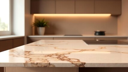 Fototapeta premium Marble empty white table top fron view, blur minimalistic scandy kitchen interior background in brown wooden mocha mousse colour, light wood, for montage product display or design key visual layout