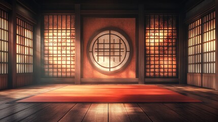 Tranquil japanese dojo setting with traditional shoji screens and tatami mat
