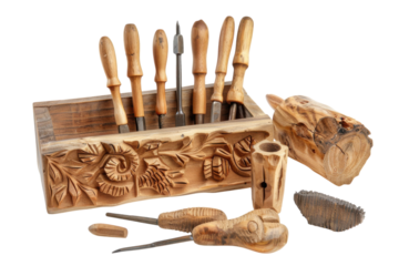 Handcrafted carving tools and intricate wooden pieces showcased artistically