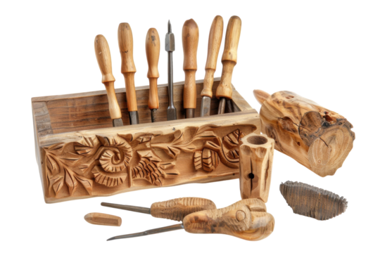 Handcrafted carving tools and intricate wooden pieces showcased artistically