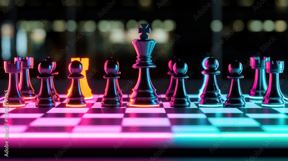 Poster create opportunities strategy goal-setting concept. chess pieces illuminated with neon lights on a c